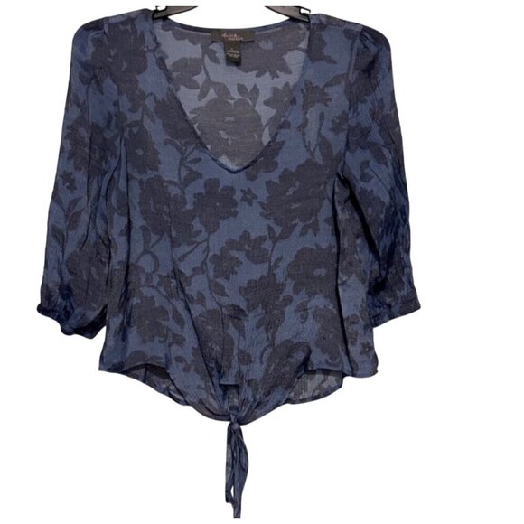 Olivia & Martin Womens Floral Sheer Tie-Front Blouse V-Neck 3/4 Sleeves Lightwei - Picture 2 of 9